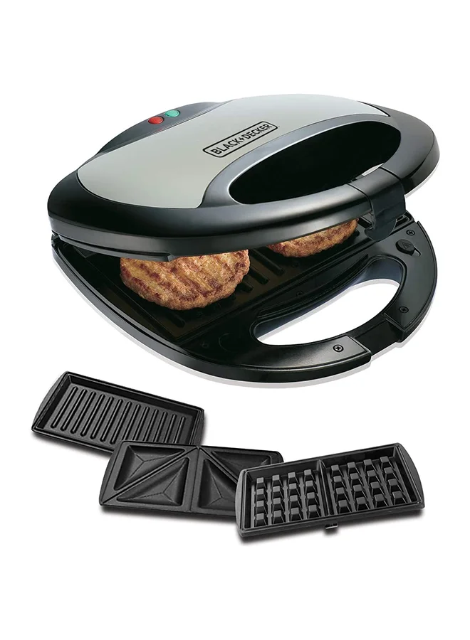 BLACK+DECKER 3-in-1 Sandwich Maker with Interchangeable Grill and Waffle Plates, Non-Stick Surface, 750W (Black, 2-Slice) btrda