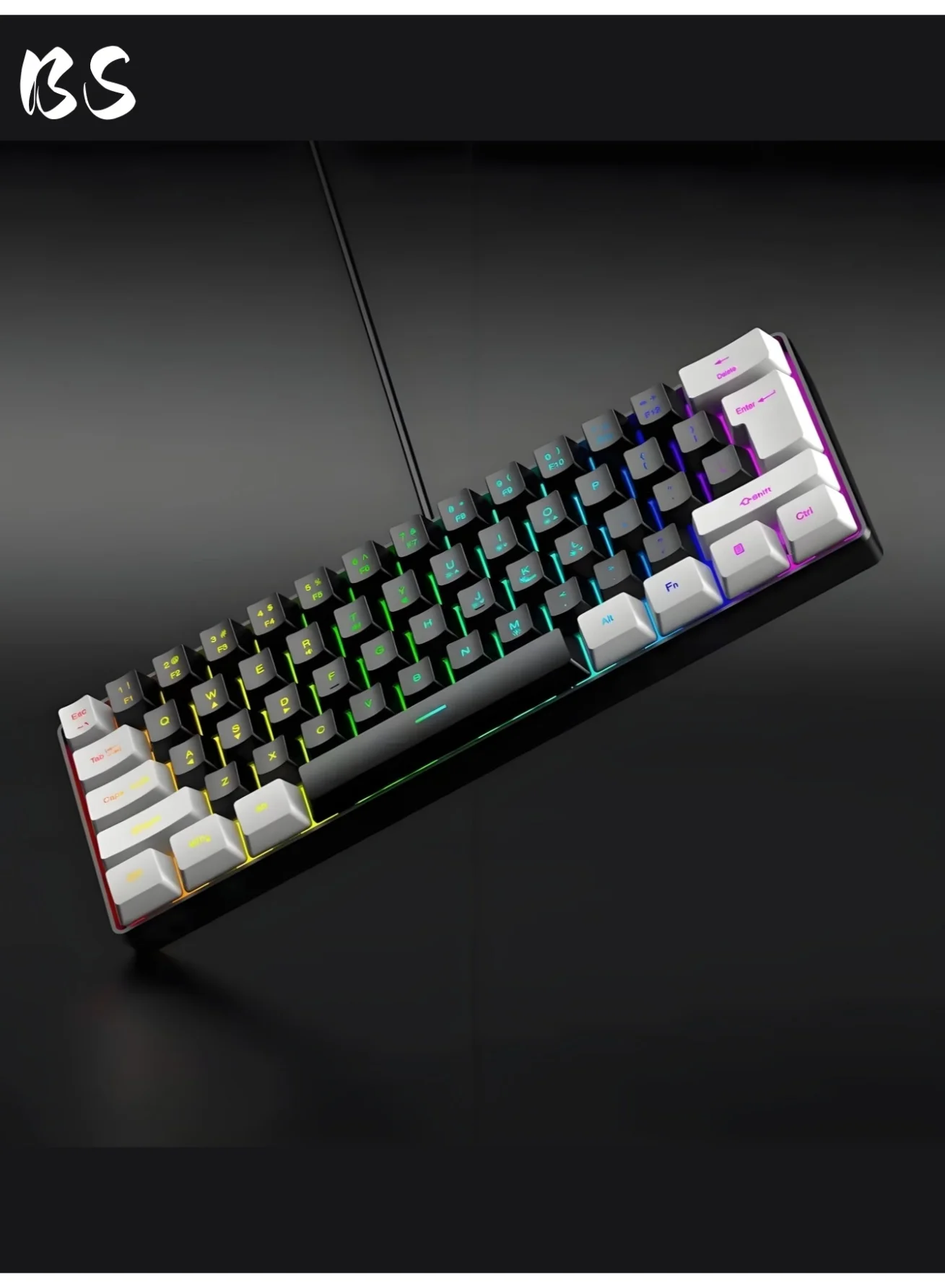 BS 61-Key Compact RGB Gaming Keyboard (60% Layout, Wired USB, Ergonomic Membrane Keys, 8-Color Backlight, Black) ciy8b