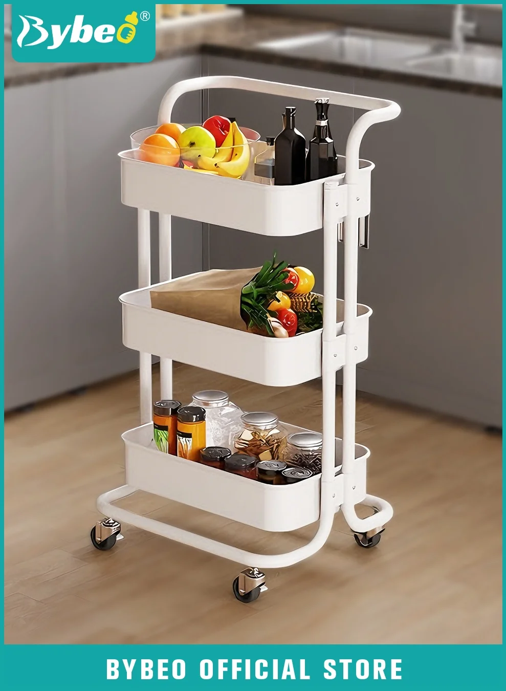 Bybeo 3-Tier Rolling Storage Cart, Mobile Utility Organizer with Handle and Lockable Casters for Kitchen and Bathroom (White, 42 x 35 x 87 cm) 167sn