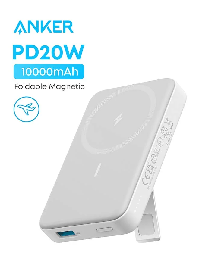 Premium Magnetic Wireless Portable Charger 10000mAh Foldable Power Bank with Stand 20W USB-C Fast Charging (White) e175o