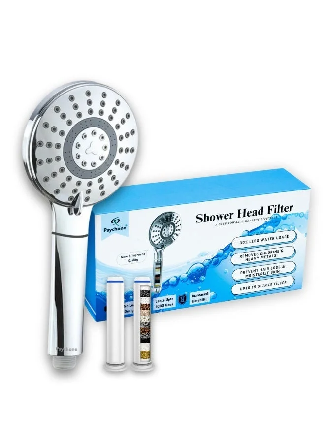Psychone Handheld Shower Head with 15-Stage Water Softener Filter (High Pressure, 5 Spray Modes, Chrome Finish) jt3m1