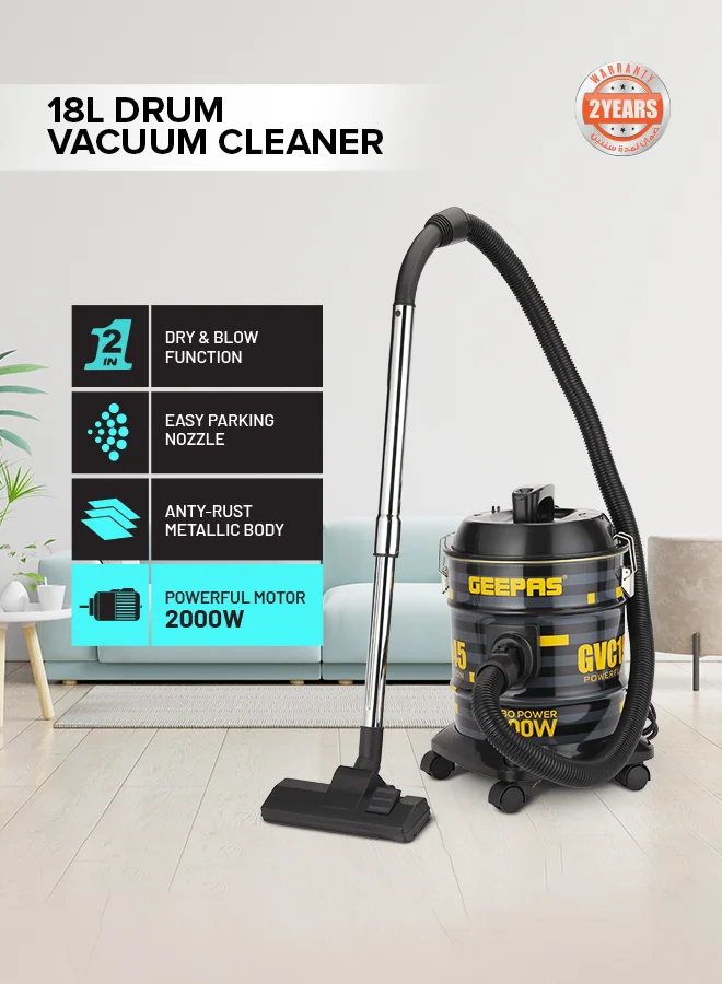 GEEPAS Drum Vacuum Cleaner 2000W High-Power Suction with Metallic Tank (Black, 18 L) j8imi