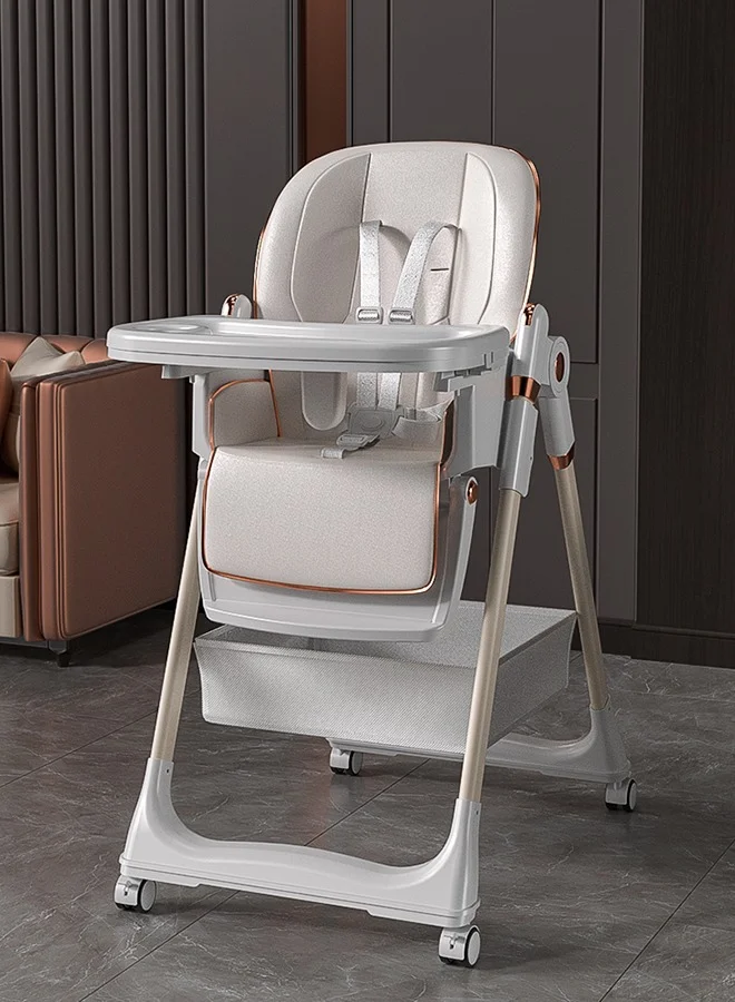 Soft Touch Foldable Baby High Chair with Double Tray and Adjustable Height (5 Levels, Grey) i9ypi