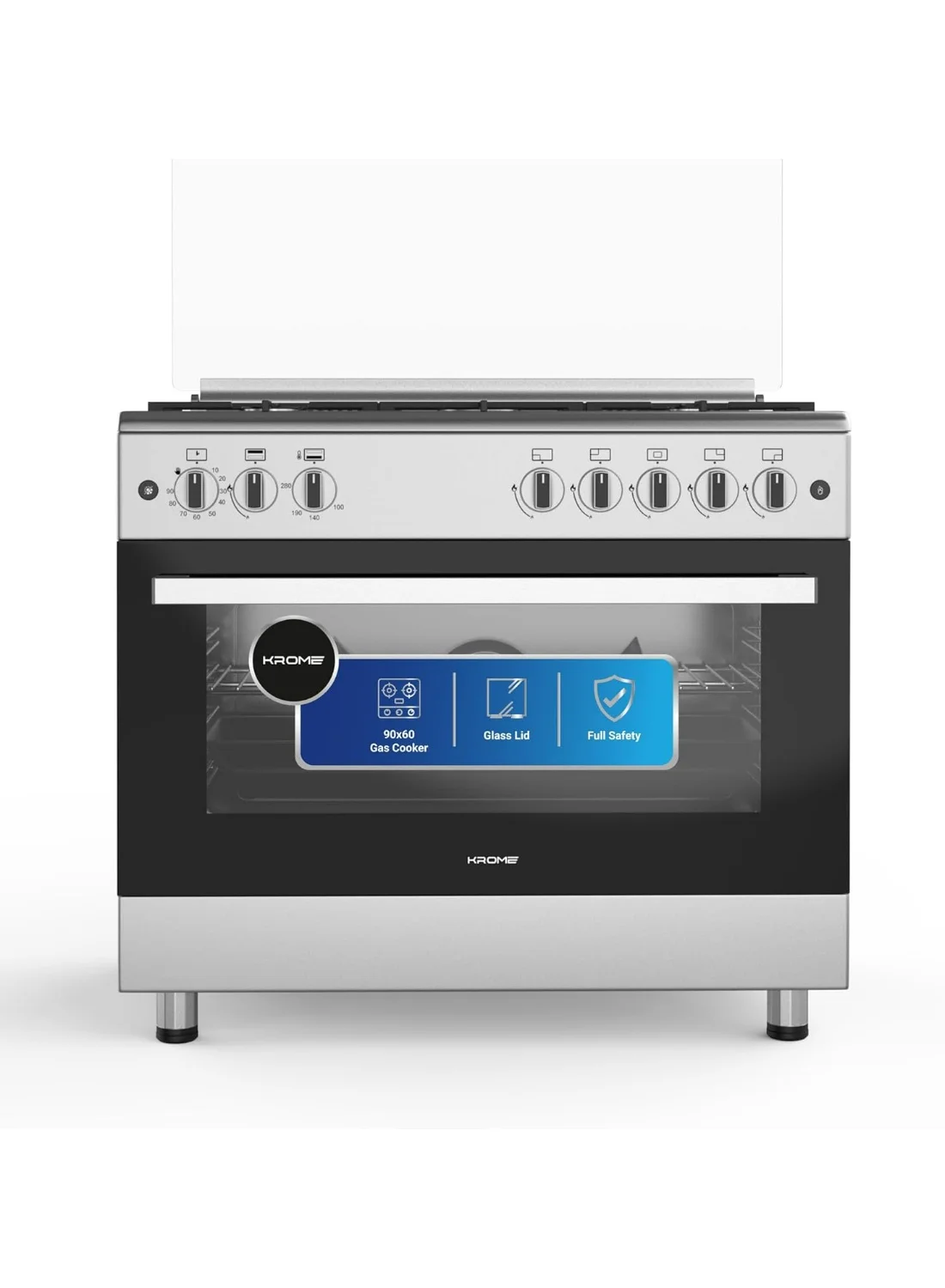 Krome 90x60 cm Free Standing Gas Cooker with 5 Euro Pool Burners and Double Turbo Fan (Silver, 90x60 cm) vf2si