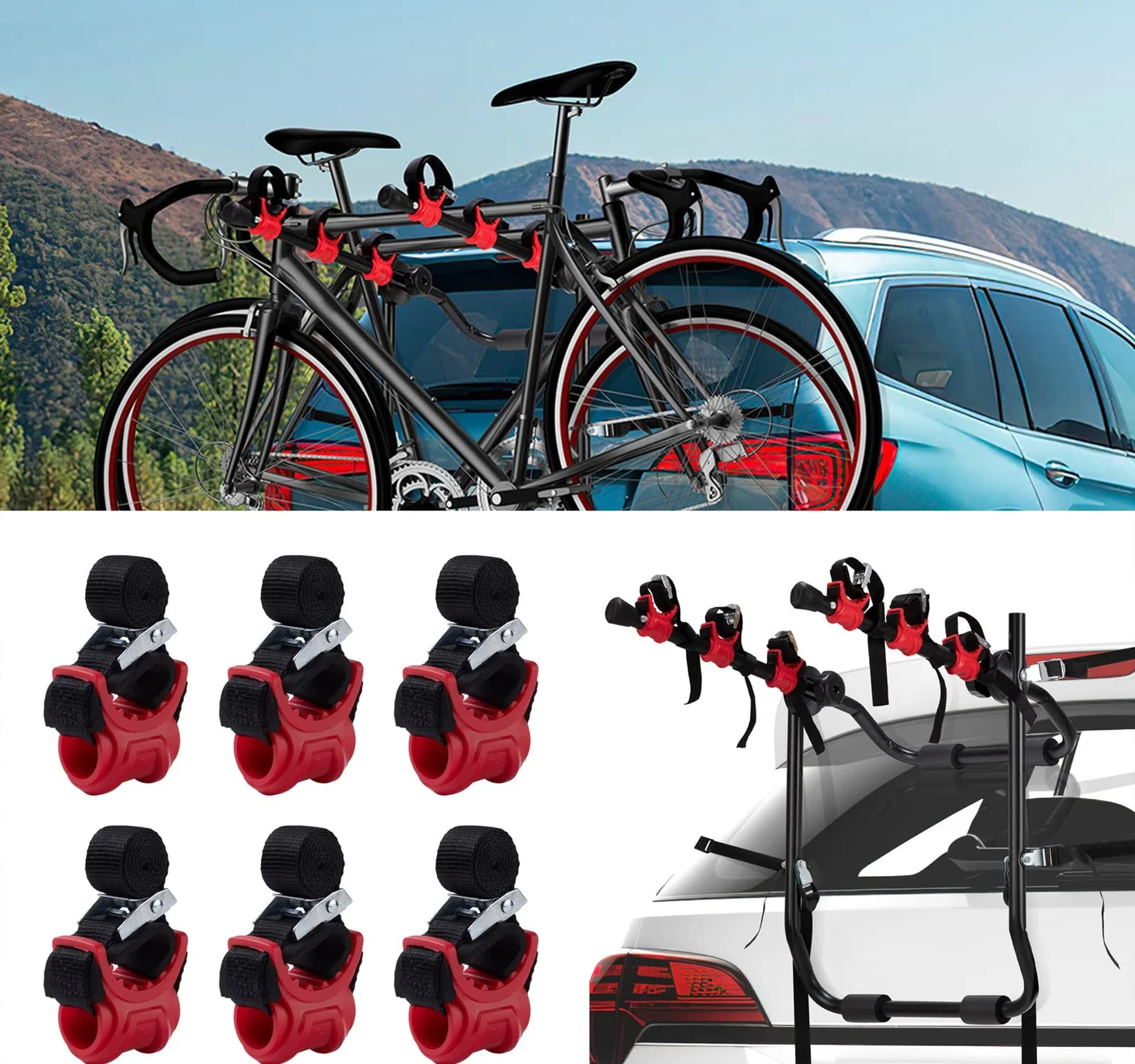 ASENDIWAY Bike Rack Replacement Straps and Cradles Set (6-Piece, Red/Black) for 1-1/4 inch and 2 inch Hitch Mount Carriers xtgir