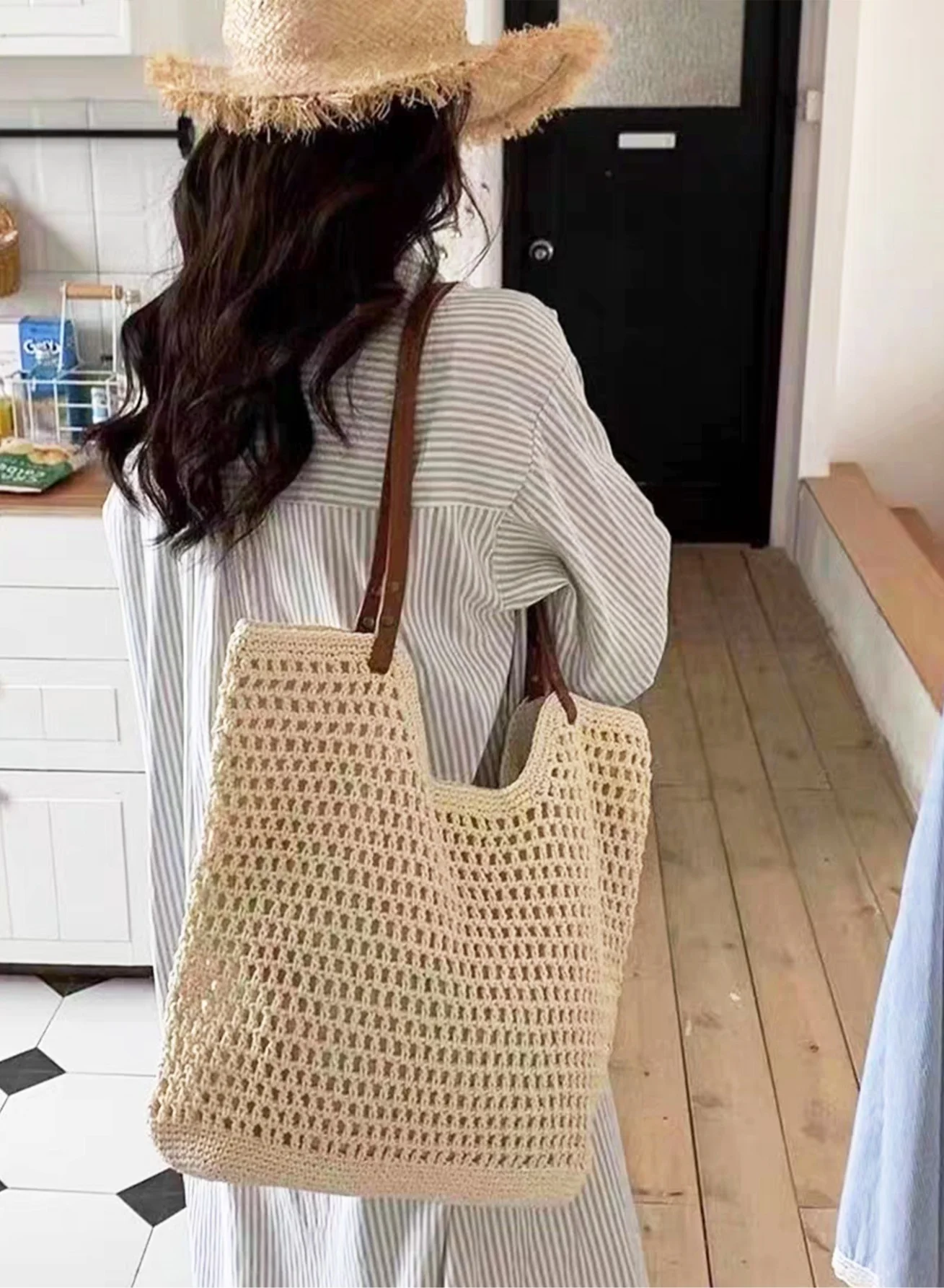 BLLE ROWN Woven Summer Beach Tote Bag Breathable Crochet Shoulder Bag for Women (One Size) 36ivu
