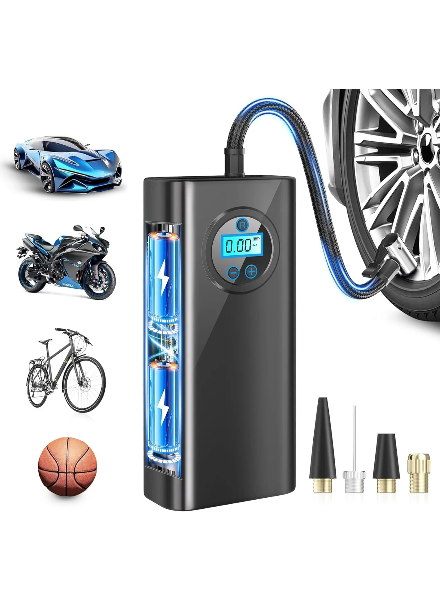 Bukela Portable Digital Tire Inflator with LCD Display and 3 Nozzle Adapters for Cars Motorcycles and Bikes (Black) gtlvh