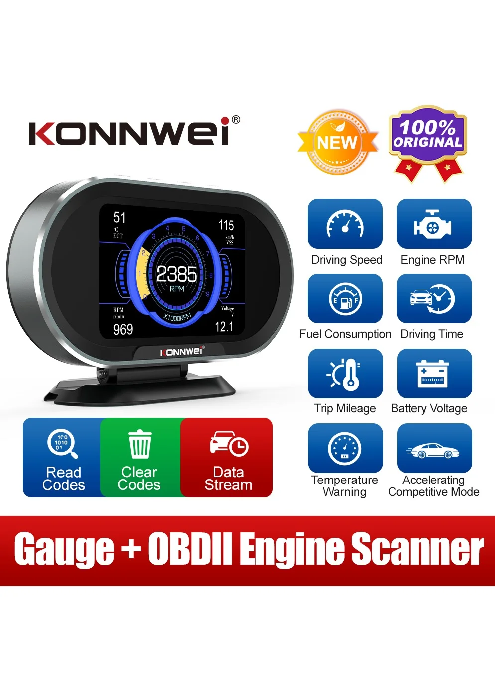 Konnwei KW206 OBD2 Head Up Display Digital Gauge Automotive Trip Computer Speedometer Water Temperature Fuel Pressure Monitor (Universal for 2003+ Vehicles) sp4j4