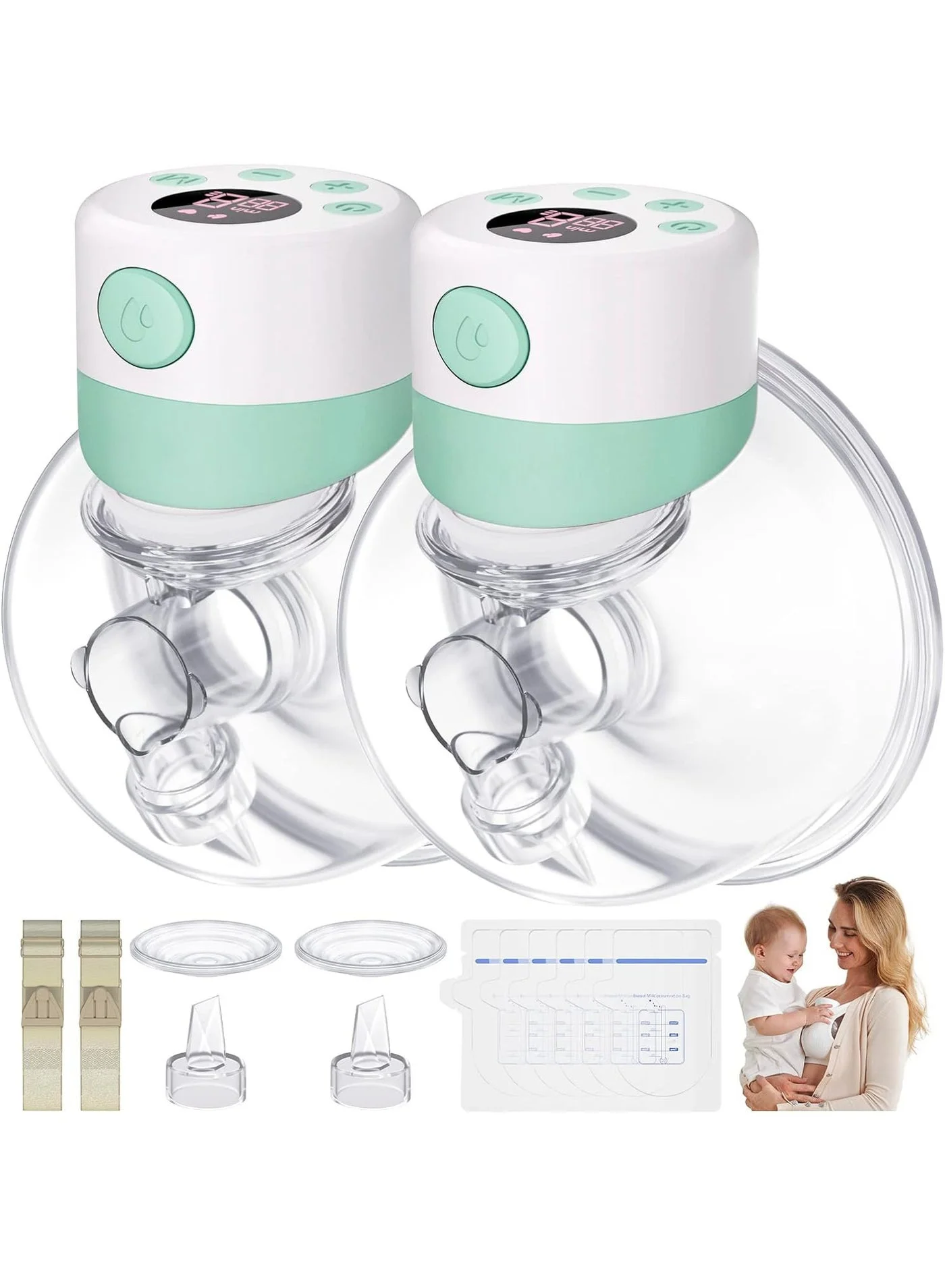 MiOne Hands-Free Wearable Electric Breast Pump Set with LCD Display (9 Levels, 2 Modes, Rechargeable, Green, Pack of 2) p7d7x