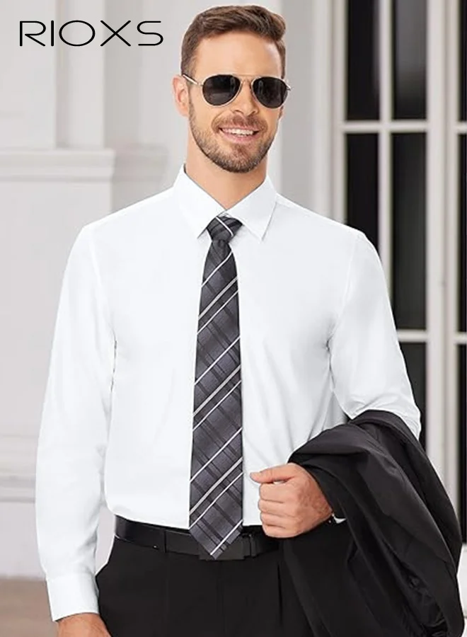 RIOXS Men's Formal Dress Shirt, Regular-Fit Long Sleeve Button Down Shirt for Business and Office (White, Large) f5082