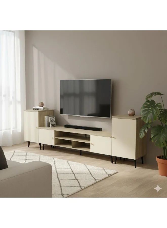 Premium Adjustable TV Stand Media Console with Storage Cabinets and Metal Legs (Grey, 160-240 cm) mclzs