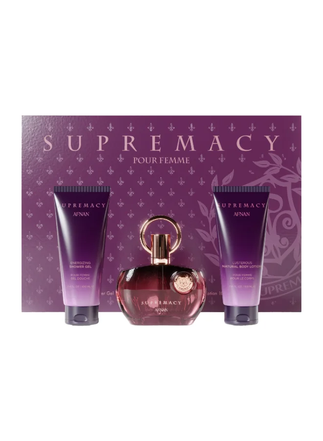 Afnan Supremacy Purple Eau De Parfum Gift Set for Women (100 mL EDP, 100 mL Body Lotion, 100 mL Shower Gel) ljswt