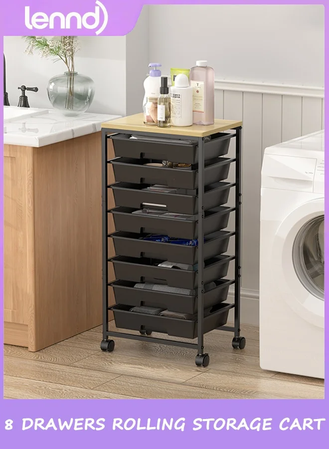 LENND Rolling Storage Cart with 8 Drawers and Wooden Tabletop (Multi-Purpose Utility Organizer for Home and Office) y3qkb