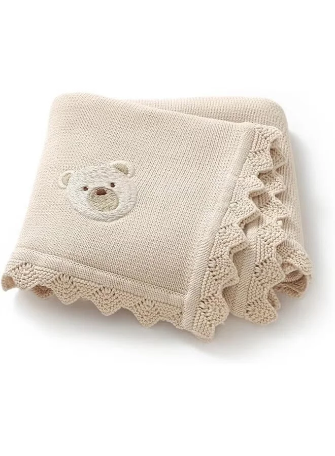 AGREON Cotton Cellular Baby Blanket Premium Soft Knitted Bedding with Embroidery Bear (White, 70x90cm) iws8s