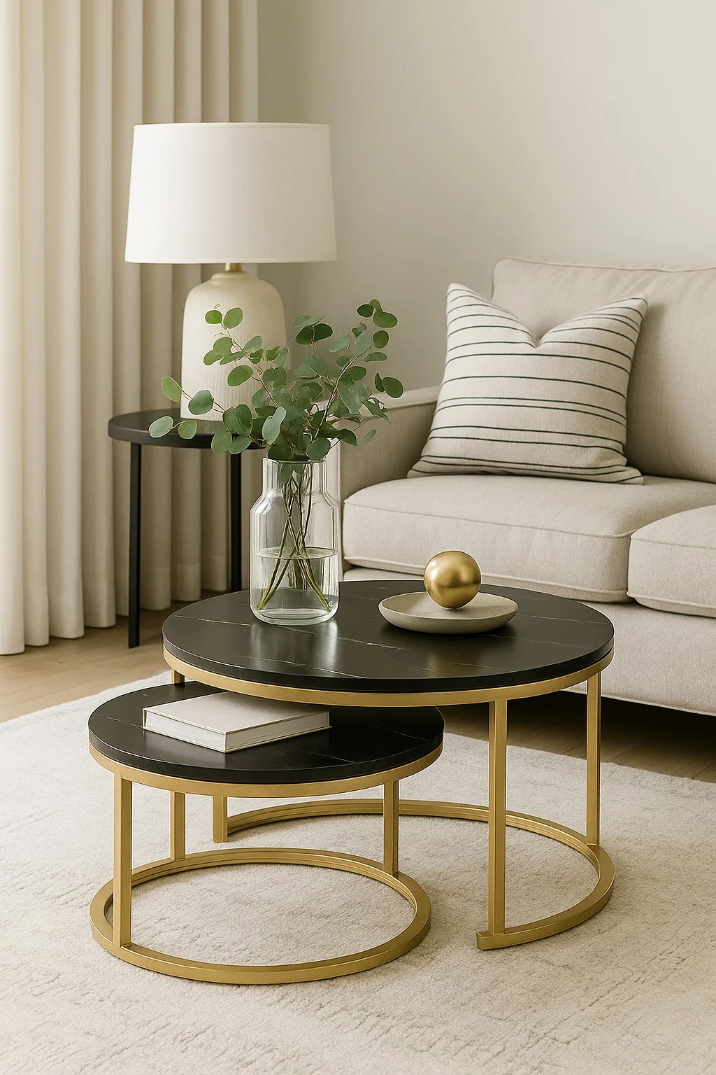 Lovstro 2-Piece Nesting Coffee Table Set, Round Living Room Center Tables, Premium Steel Frame with Patterned Top (Black & Gold, 70x43cm and 50x36cm) i76hq