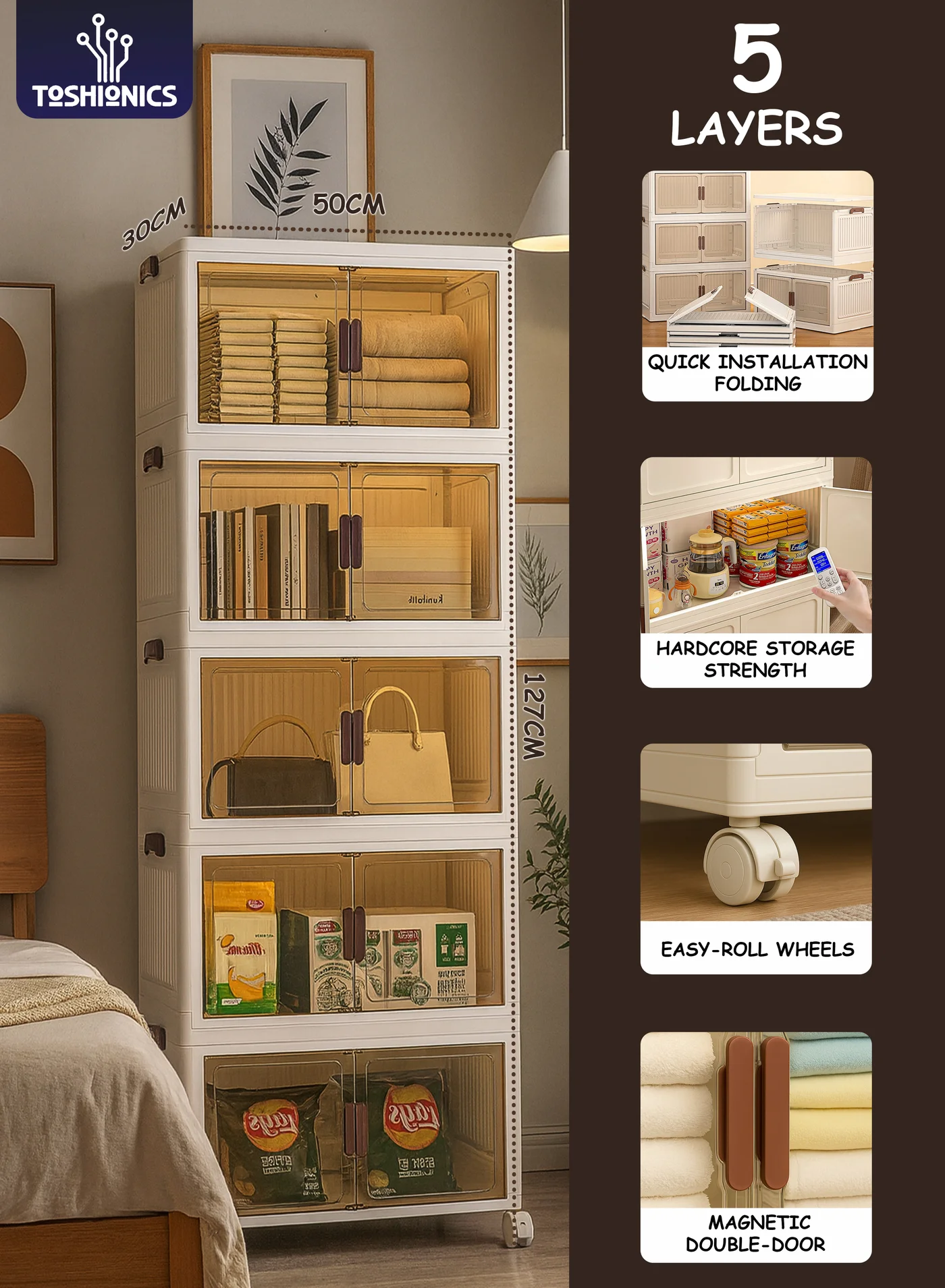 Toshionics 5 Tier Storage Cabinet with Transparent Acrylic Doors and Lockable Wheels (Brown-Tinted, 50x30x127cm) vkhgz