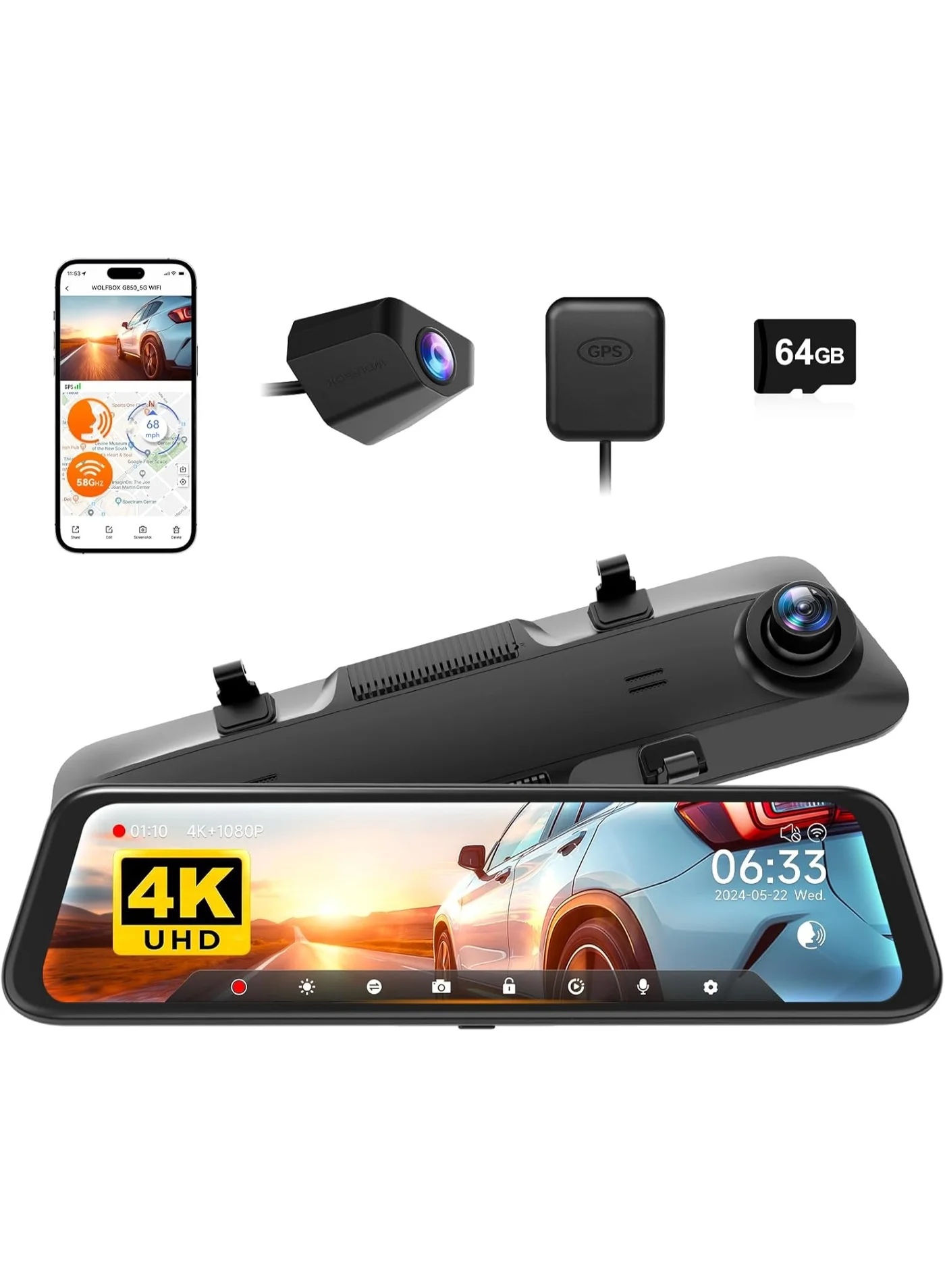 Premium 12-Inch 4K Rear View Mirror Dash Cam with 5.8GHz WiFi, Voice Control, Front and Rear Recording, GPS, and 64GB Storage qedwy