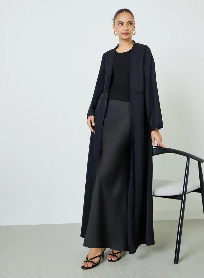 Amirah Black Front Open Abaya with Elegant Lace Trim (Premium Fabric, For Women) 2as54