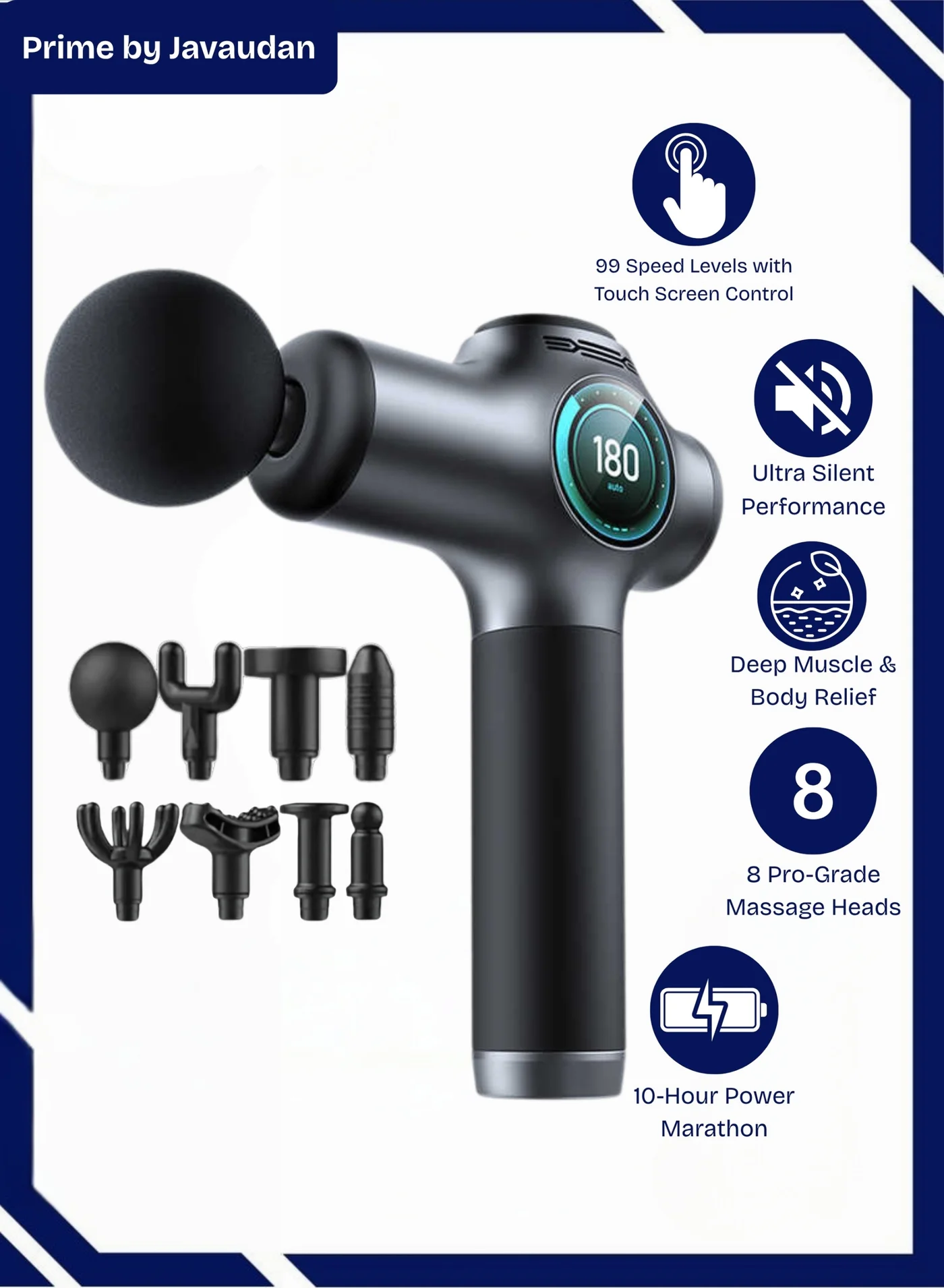Prime by javaudan Deep Tissue Percussion Massage Gun with LCD Touch Screen and 8 Interchangeable Heads (99 Gears, Portable) 1mg0f