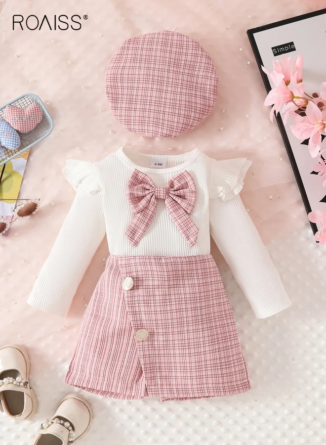 Roaiss Baby Girl 3-Piece Outfit Set with Bowknot Top Plaid Skirt and Beret Hat (Premium Cotton Blend, Kids) 13csl