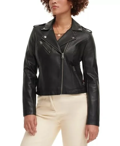 Premium Faux Leather Motorcycle Jacket Classic Biker Style for Women (Black, Medium) vhvtc