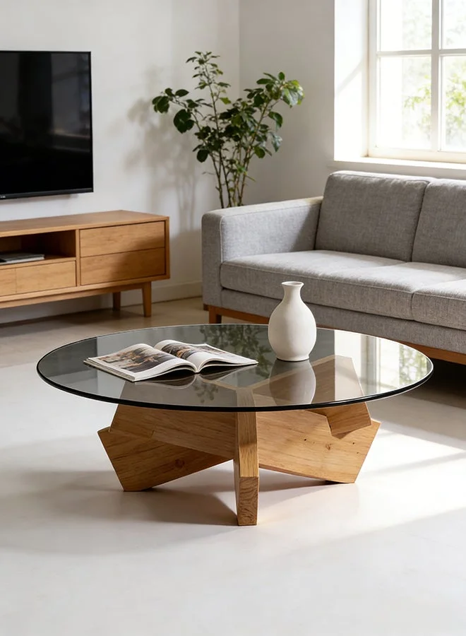 Migue Home Round Coffee Table with Glass Top and Lightwood Finish (40cm H x 60cm W) jrus9