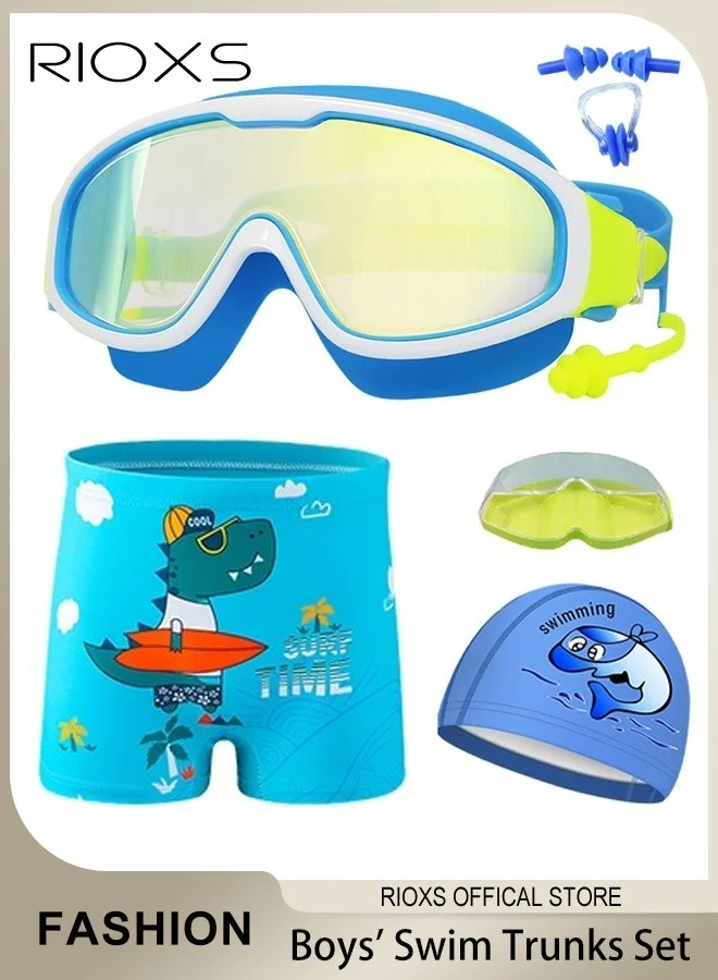 RIOXS Boys Swimming Set Premium Swim Trunks Cap And Anti-Fog Goggles Kit (Blue and White, 3-15 Years) huhoy