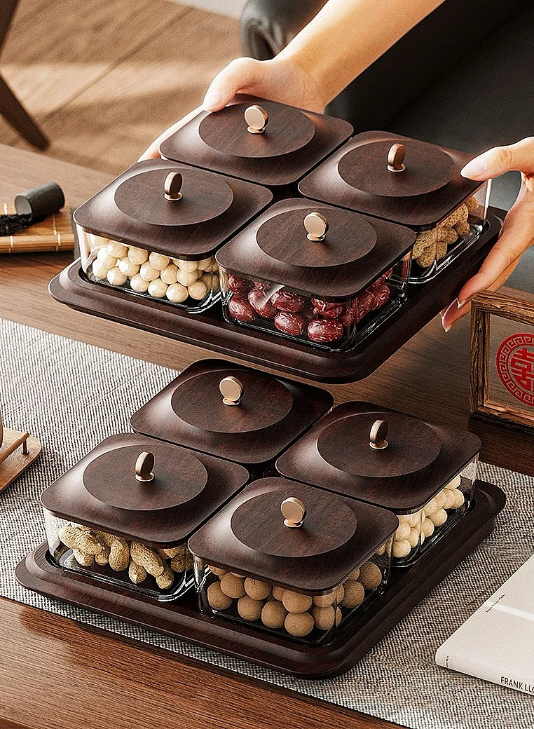 JoyousSto Wood Grain Serving Tray Set with 4 Snack Boxes and Lids, Premium Plastic Decorative Nut and Candy Container for Home Parties 7h5sj