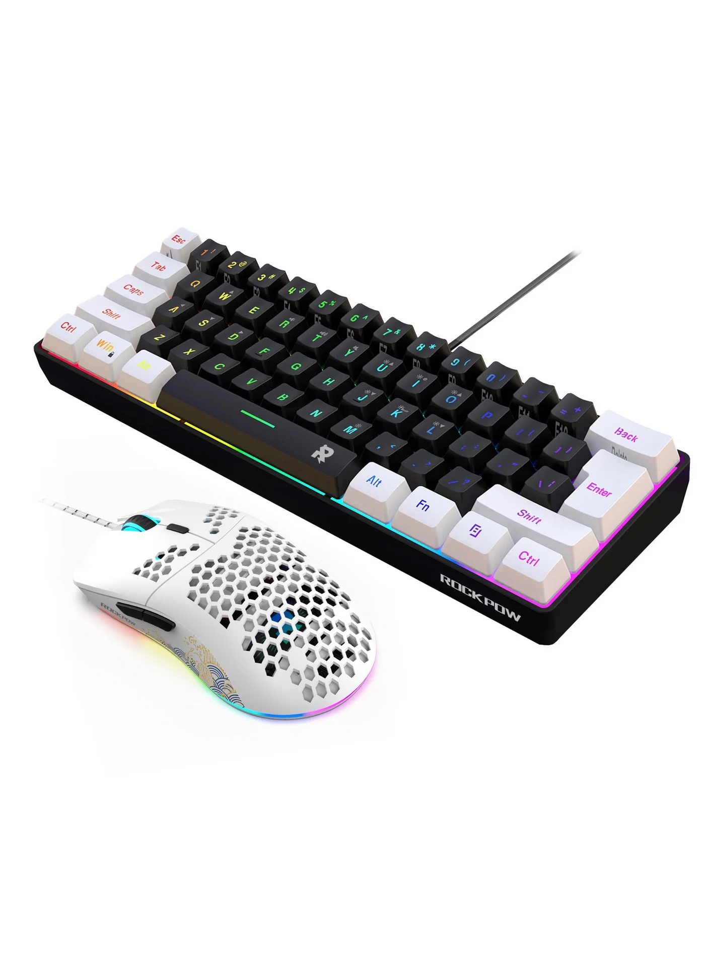 Rock Pow 60% Wired Gaming Keyboard and Mouse Combo, RGB Backlit Mechanical Feel Keyboard with 8000DPI Ergonomic Optical Mouse (61 Keys, Black) 1u6k4