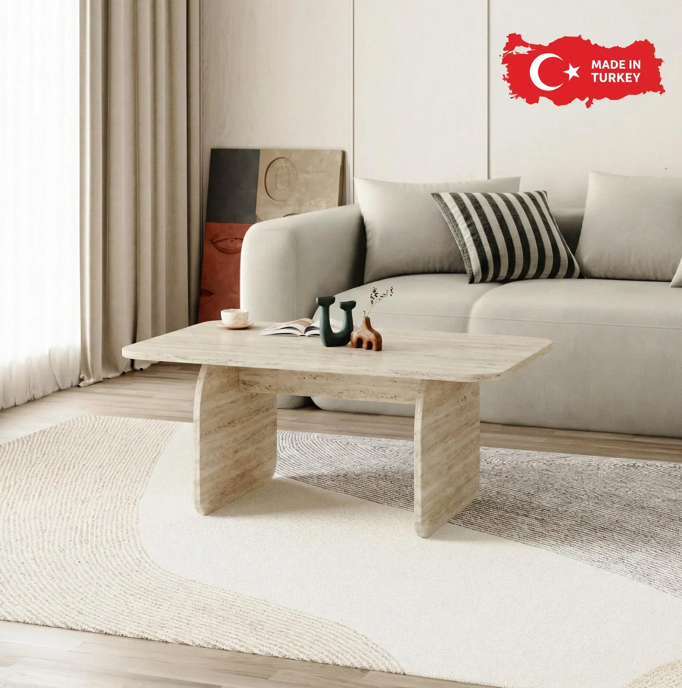 Mourah Home Pietra Modern Coffee Table, Minimalist Rectangular Engineered Wood Design for Living Room (Travertine Beige, 100x60x41.8 cm) f6t22