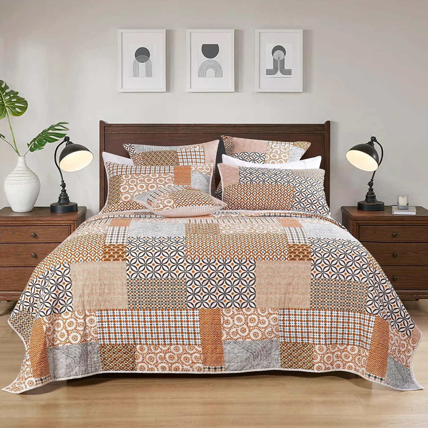 PHF Patchwork Boho Paisley Quilt Set Queen Size, Lightweight Cotton Percale Bedspread for All Season (Dark Orange, 230 cm x 230 cm) r896c
