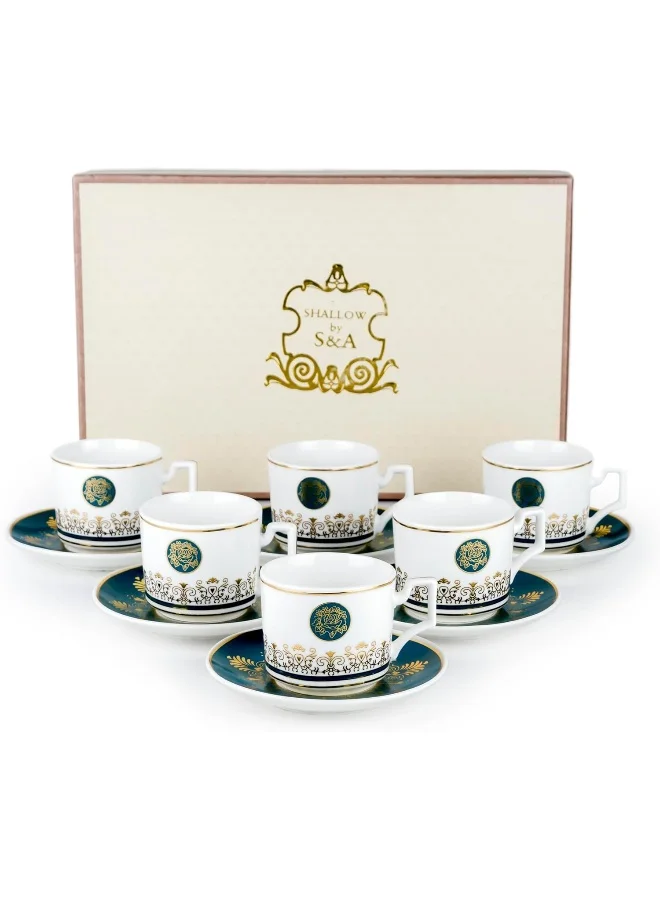 Premium Porcelain Tea Cup Set (6-Piece, 180 mL) Elegant Ceramic Drinkware for Home and Office - White and Blue 45vq0