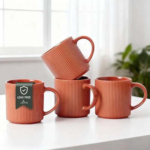 MONITO Rustic Ceramic Coffee Mugs Set, Vintage Striped Stoneware Cups with Large Handle for Latte and Tea (Brick Red, 475 mL, Set of 4) 5p2qb