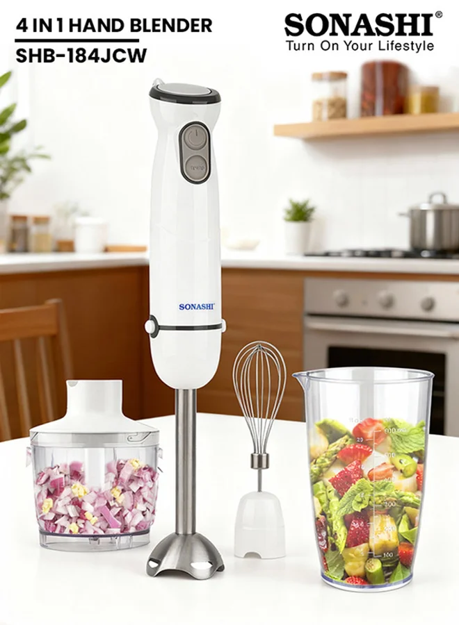 Sonashi 4-in-1 Hand Blender Set with Stainless Steel Blades and Mixing Attachments (White, 600mL Jar, 500mL Chopper) 4krcx