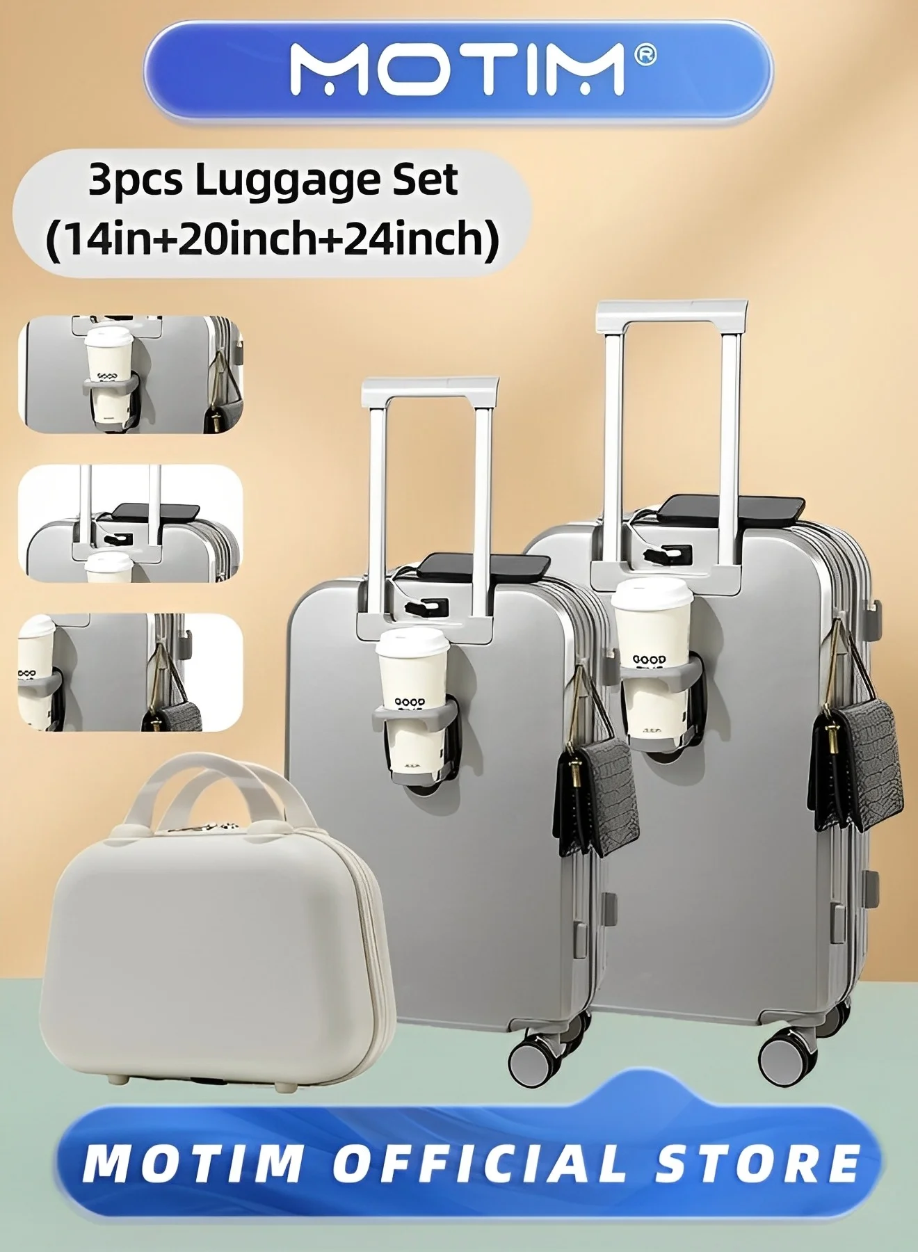 Motim 3-Piece Hard Shell Luggage Set with TSA Lock, Cup Holder, and Spinner Wheels (14-inch, 20-inch, 24-inch) g8q7i