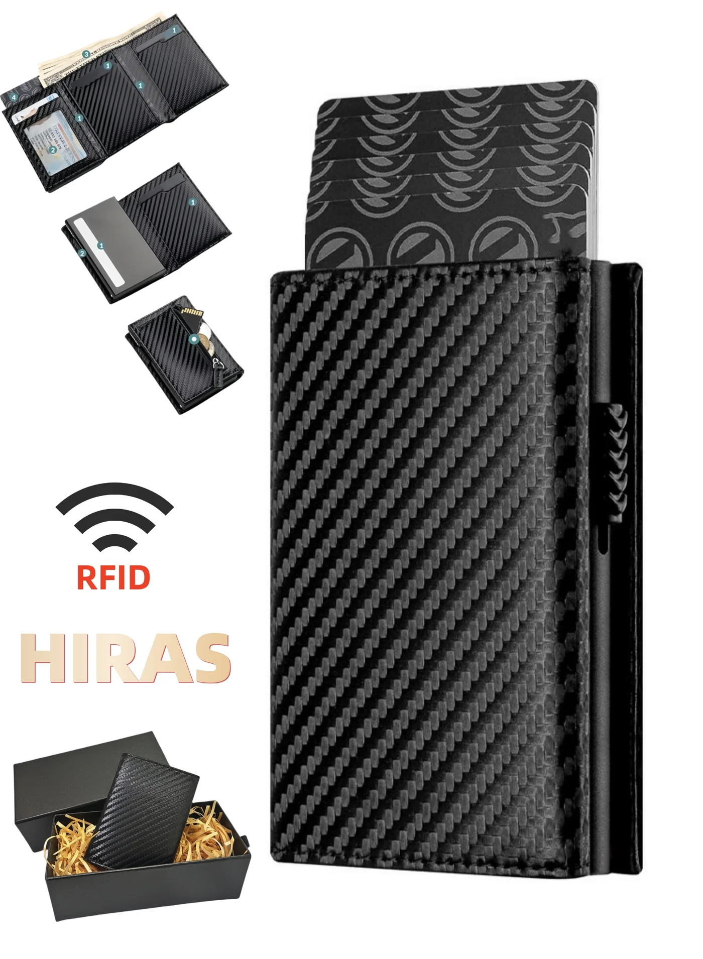Hiras RFID Blocking Pop Up Card Wallet for Men Genuine Leather Slim Credit Card Holder with Coin Pocket and Magnetic Closure (Black) 634m4