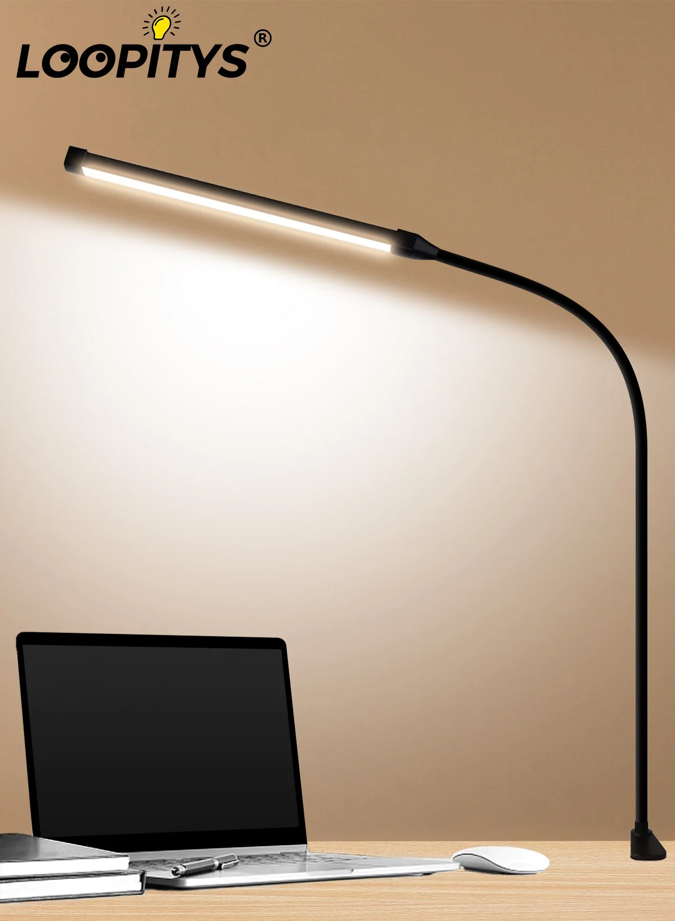 LOOPITYS LED Desk Lamp with Clamp, Flexible Swing Arm Architect Task Light, 3 Lighting Modes & 10 Brightness Levels (Black, Large) s0hld