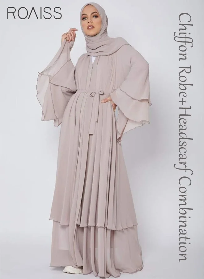 Roaiss Women's Double Layered Chiffon Abaya Cardigan Robe with Buckle Belt (Khaki, One Size) sd7zb