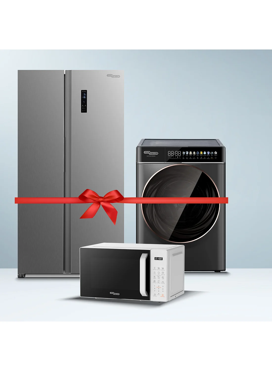 Super General Home Appliance Bundle: 600L Side-by-Side Refrigerator, 10kg/6kg Washer Dryer Combo, and 20L Digital Microwave (Inox) vloe7