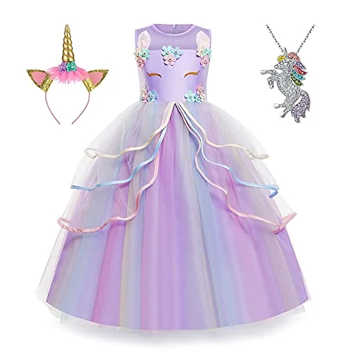 Yipkorra Unicorn Princess Dress for Girls Party Gown with Headband and Necklace (Purple, 130 cm) 8imjh