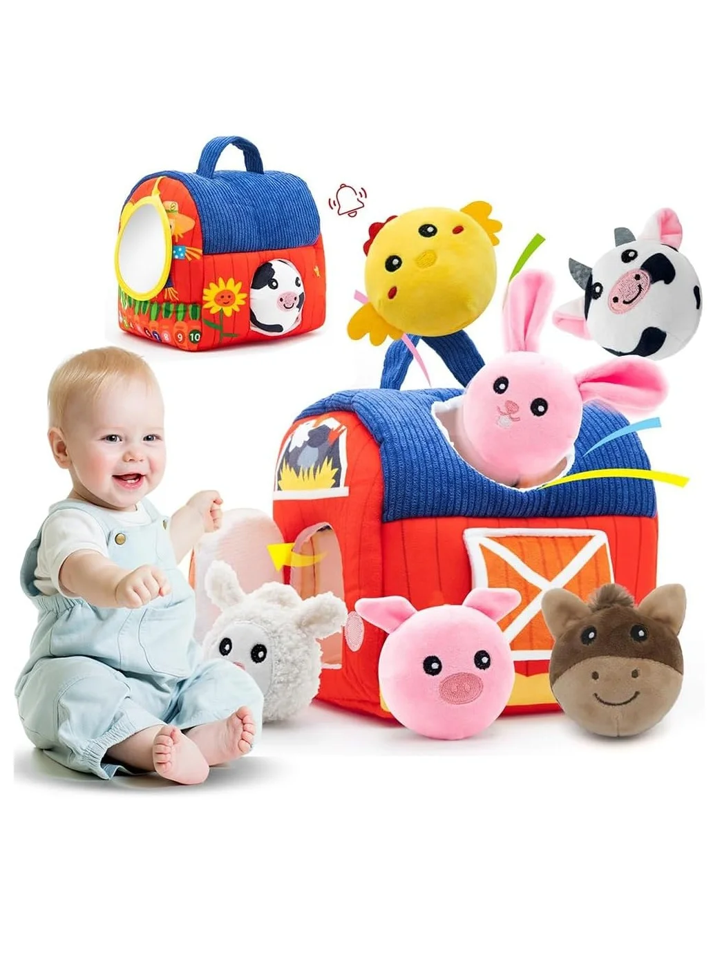 GUDOO Soft Barn Sensory Toy Set with Stuffed Farm Animals and Mirror (Multicolor, 25 cm) ctuxz