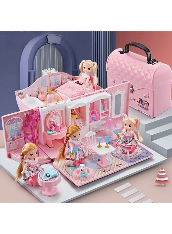 Beauenty 2-Floor Portable Handbag Dollhouse Play Set with Furniture and LED Lights (2 Rooms, 4 Dolls, 1 Handbag) t3vg3