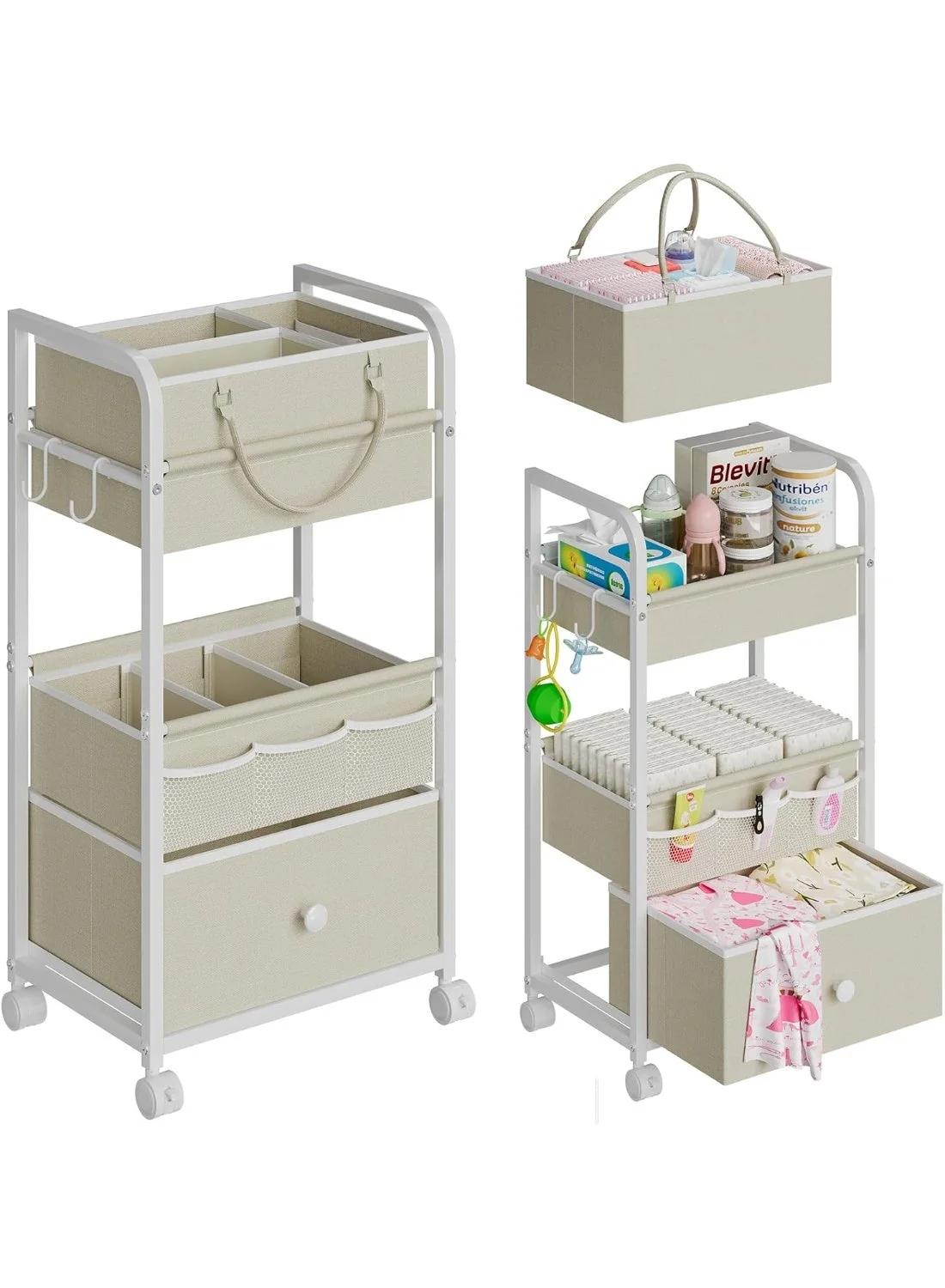 Uptyia 3-Tier Rolling Storage Cart with Drawer and Detachable Dividers, Premium Oxford Fabric Mobile Organizer for Nursery and Craft Supplies 4i8pu