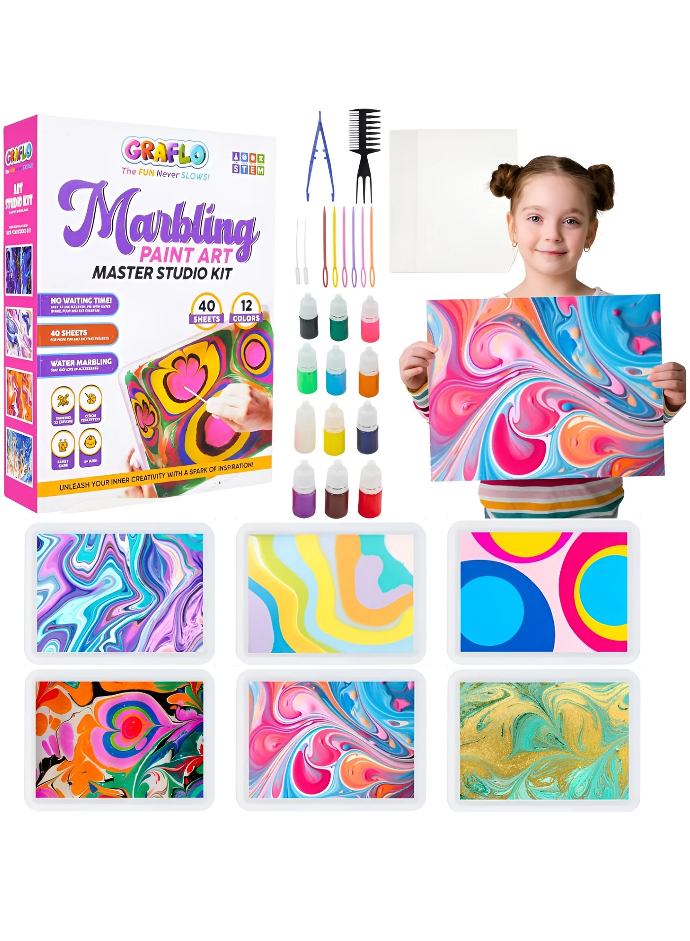 GRAFLO Marbling Paint Art & Crafts Kit Water Marble Painting Set with 12 Vibrant Colors and 40 Sketch Papers for Kids al218