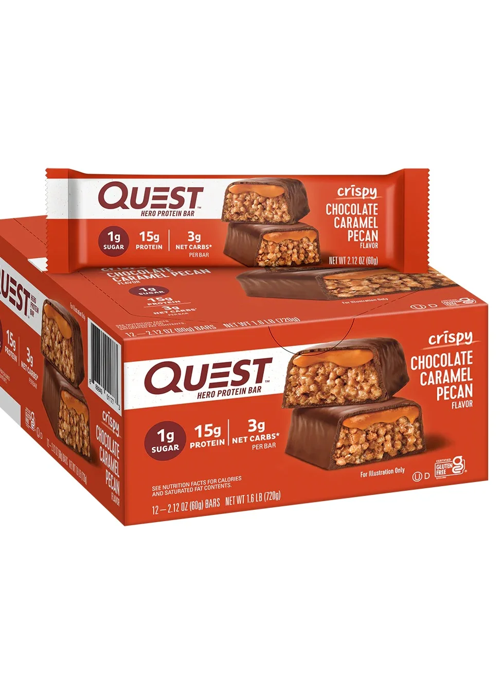 Quest Nutrition Hero Protein Bar Chocolate Caramel Pecan Flavor High Protein Low Sugar Gluten-Free (12 Bars x 60g) f3u7n