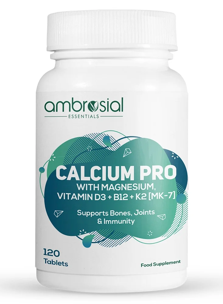 Ambrosial Calcium Pro Mineral Supplement with Magnesium Zinc Vitamin D3 B12 and K2 MK-7 (120 Tablets) hn9u9