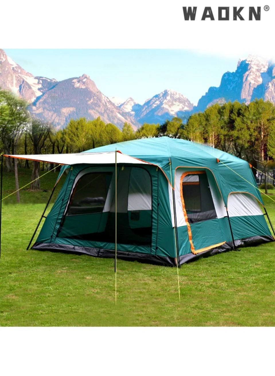 WAOKN Large Family Camping Tent 2-Room Cabin Design with Porch and Rainfly (5-6 Persons, Waterproof) wu2sh