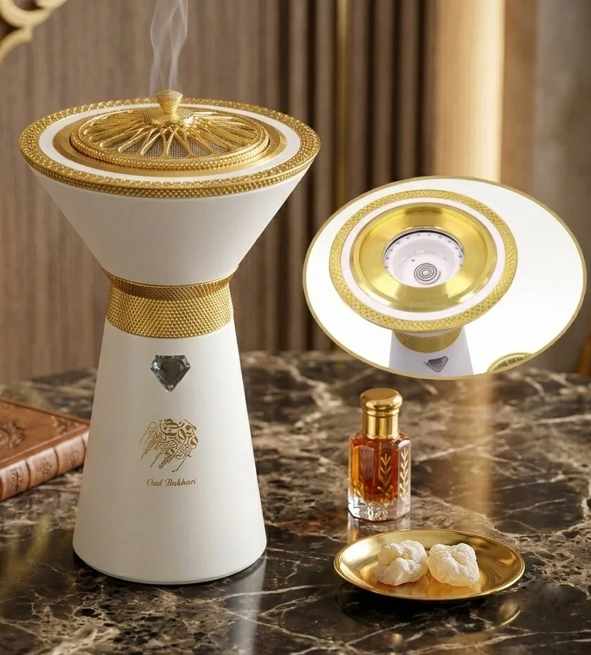 Bukhoor Portable Electric Incense Burner USB Rechargeable Arabic Mabkhara (White and Gold, 15 cm) v6chl