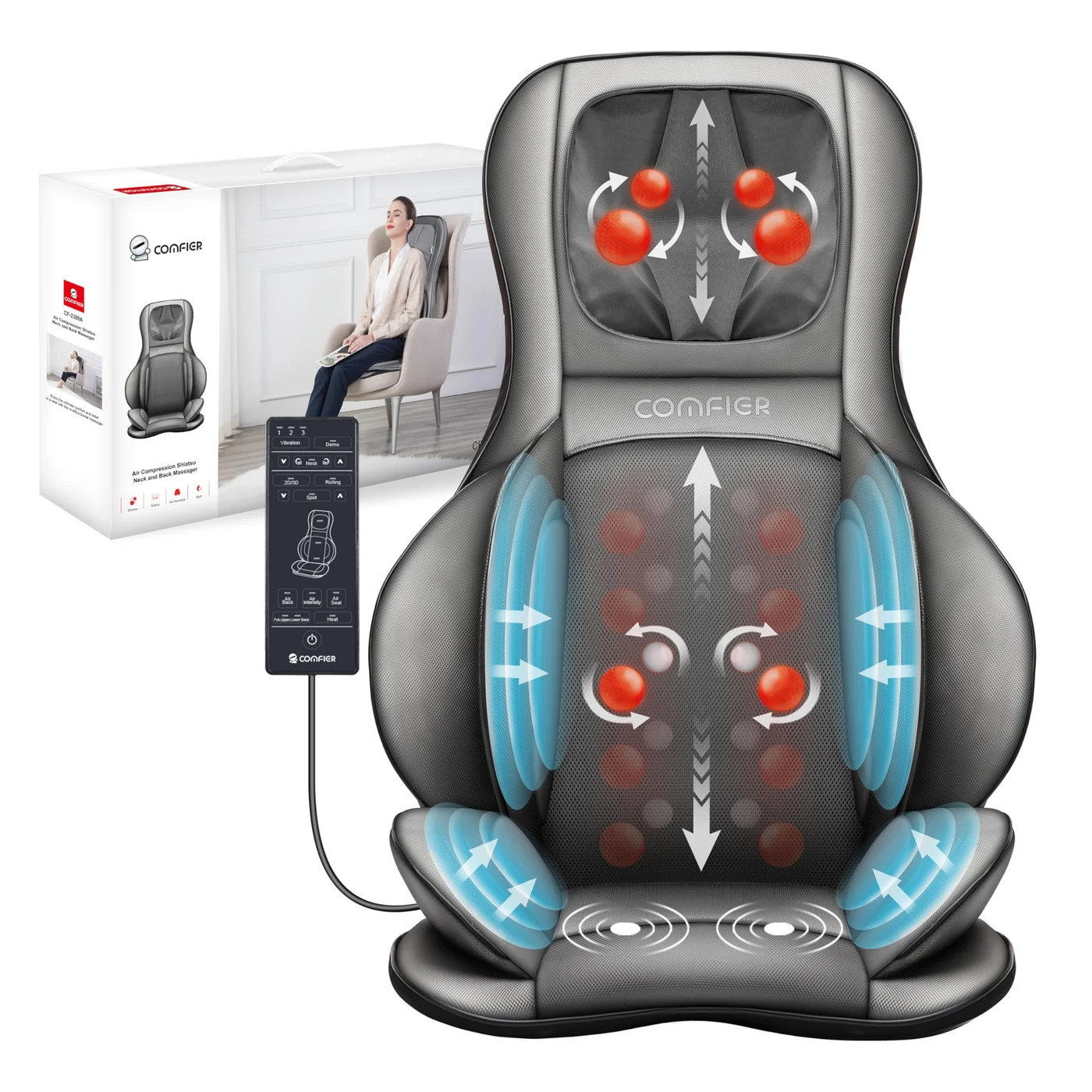 Premium Shiatsu Massage Chair Pad with Heat and Rolling Function for Full Back Neck and Shoulders (Gray, 1 Unit) 3xnpp