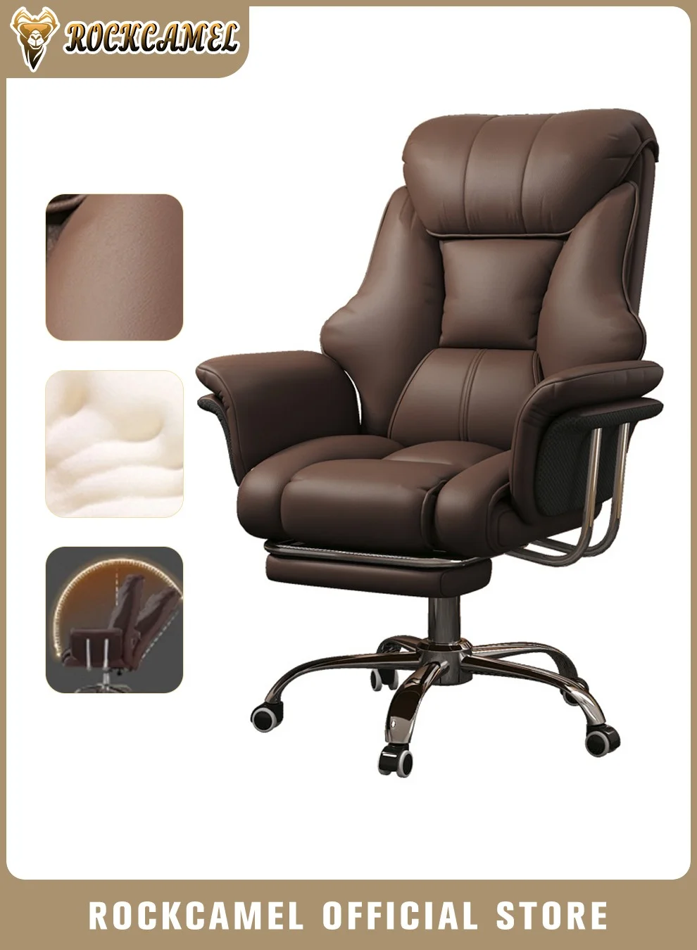 ROCKCAMEL Ergonomic Office Chair with Retractable Footrest and Lumbar Support (High Back, Premium Leather, 360¡ã Swivel, Black) vawd2